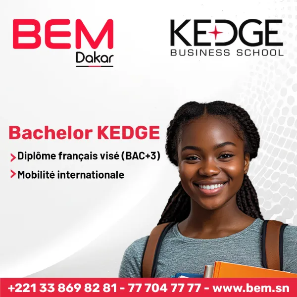 Jeune femme souriante avec un sac à dos, logos BEM et KEDGE.